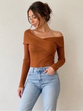 SHEIN Rust Brown Off-Shoulder Ribbed Long Sleeve Top